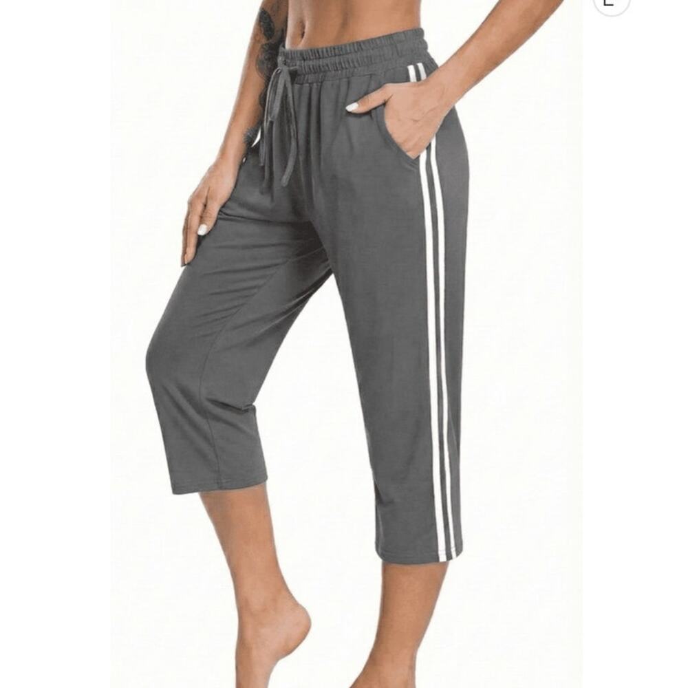 NWT ~ GRAY Capri Yoga Loose High Waist Drawstring Workout Pants & Pockets ~ 2X